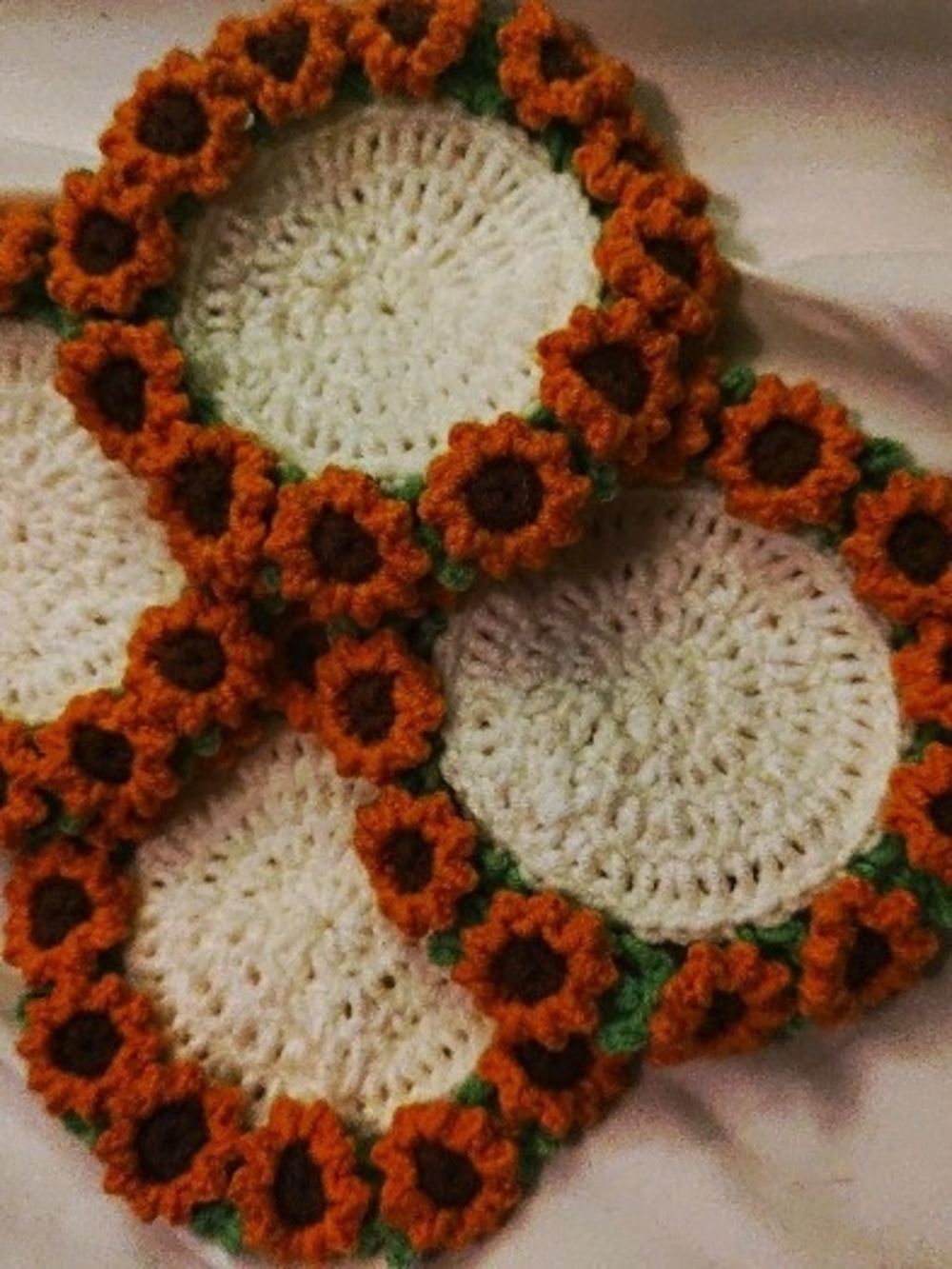 Handmade Crochet Sunflower Coasters - White and Yellow